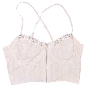 Small GUESS White Jewel Embellished Crochet Lace Cropped Front Zipper Bustier